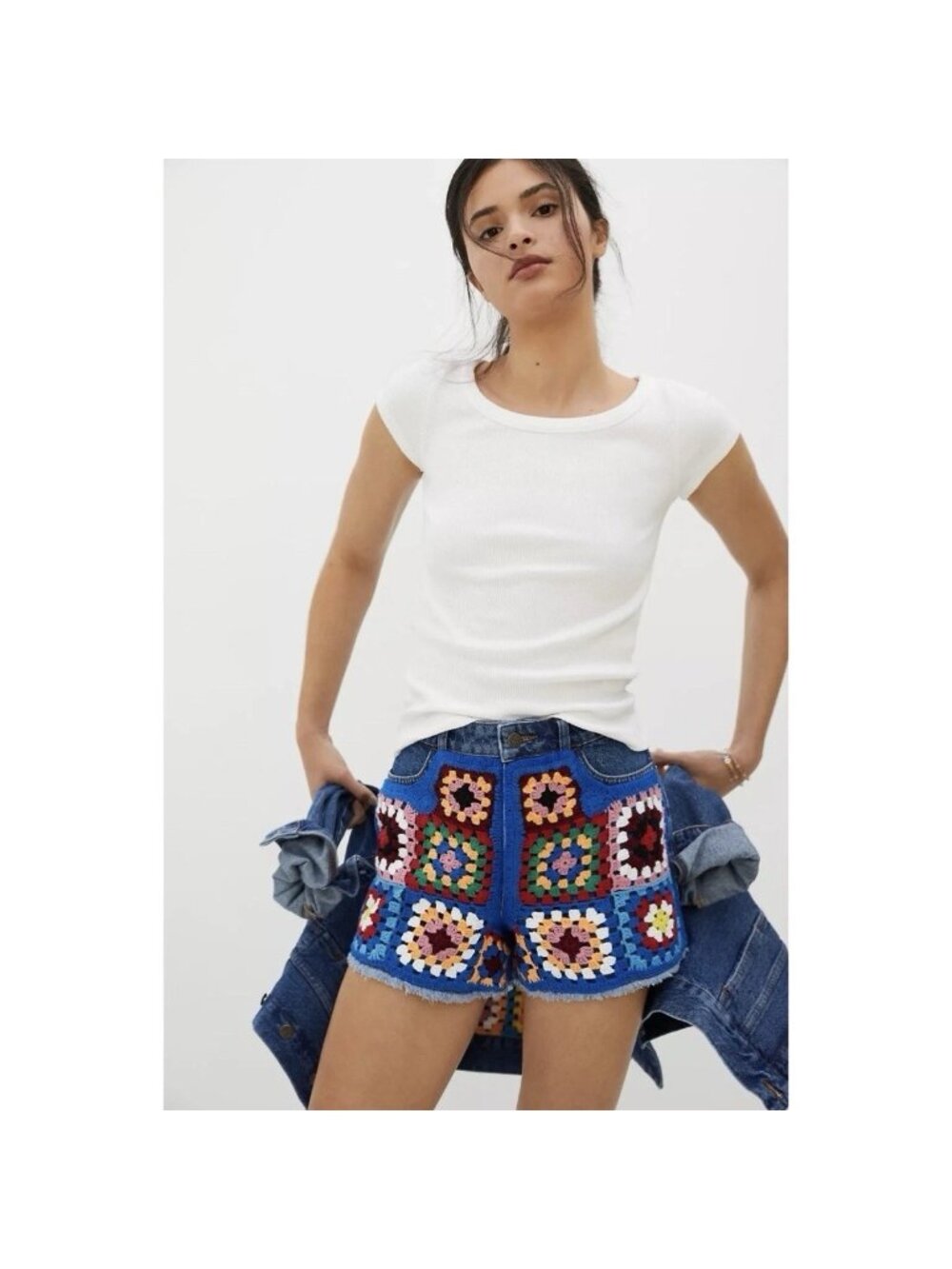Farm Rio Ultra High-Rise Crochet Denim Shorts Colorful Granny-squares - Picture 2 of 7
